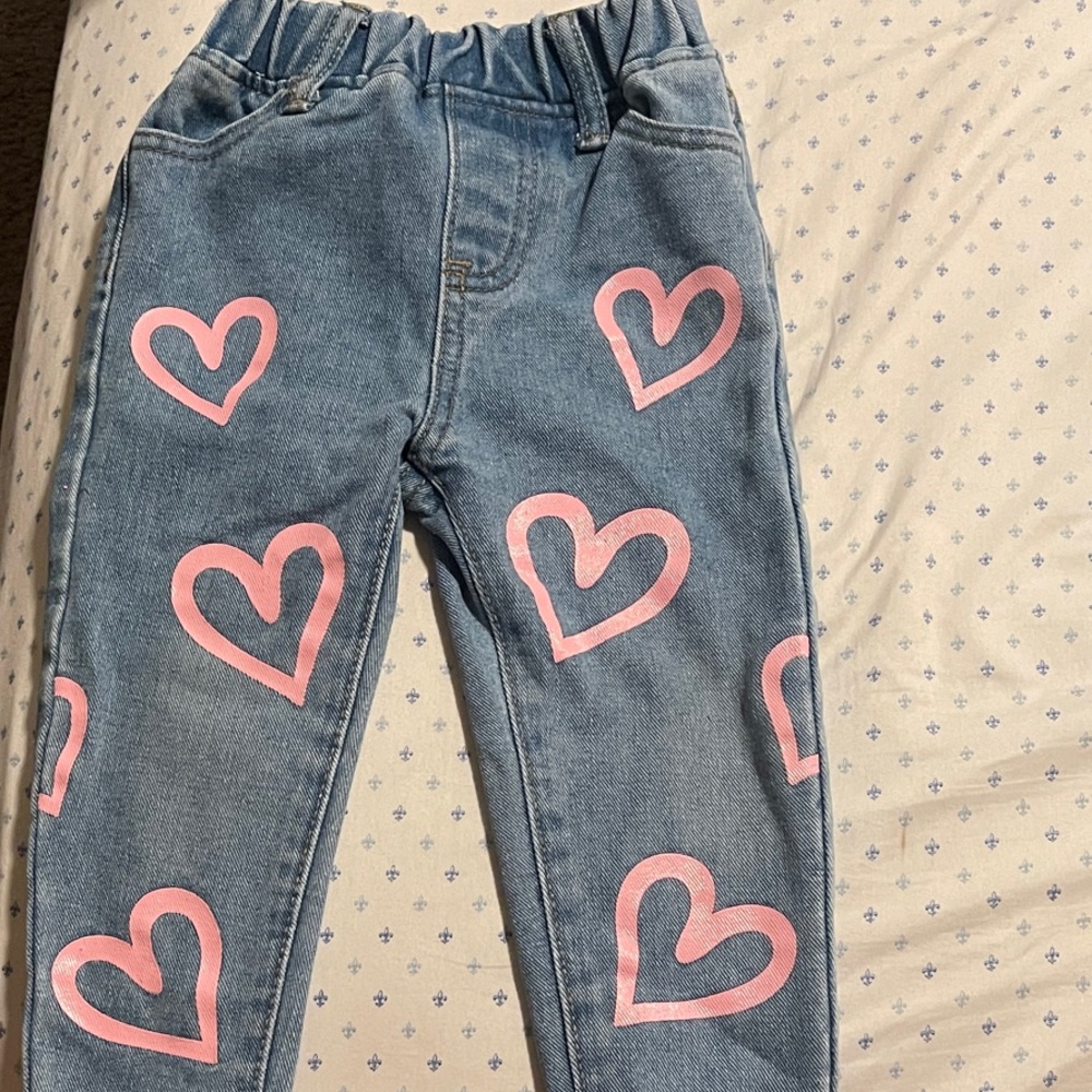 SHEIN Kids Blue Jeans with Pink Heart Design